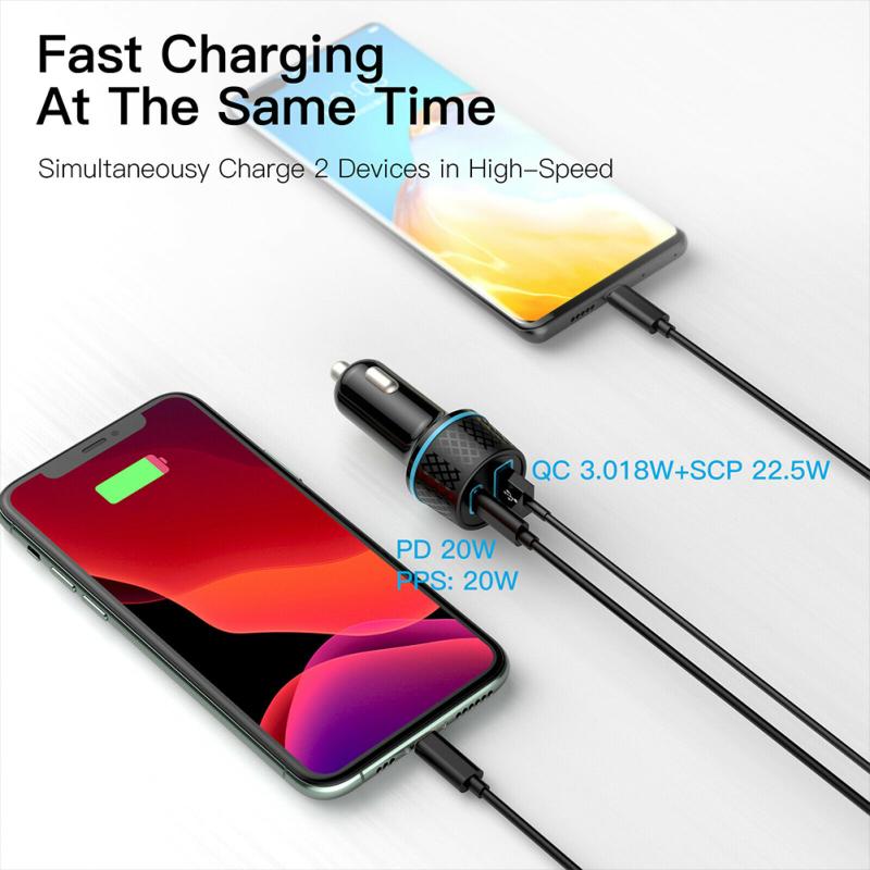 Qc3.0 Usb Car Charger Dual Channel Pd20w Ultra-fast Charging Adapter With Blue Soft Led Light For