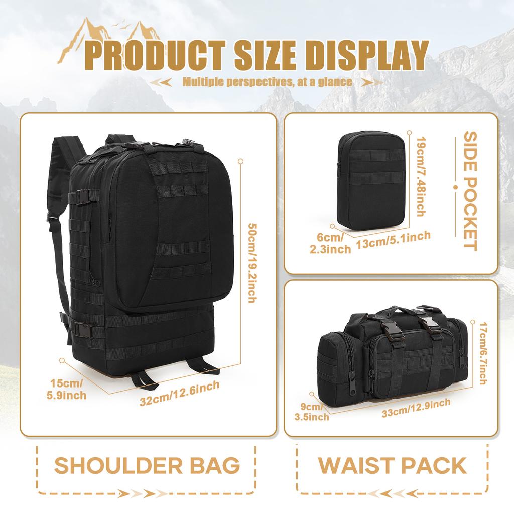 50L Tactical Backpack for Men Mountaineering 3P Assault Pack EDC Molle Survival Bag for Hiking and Hunting