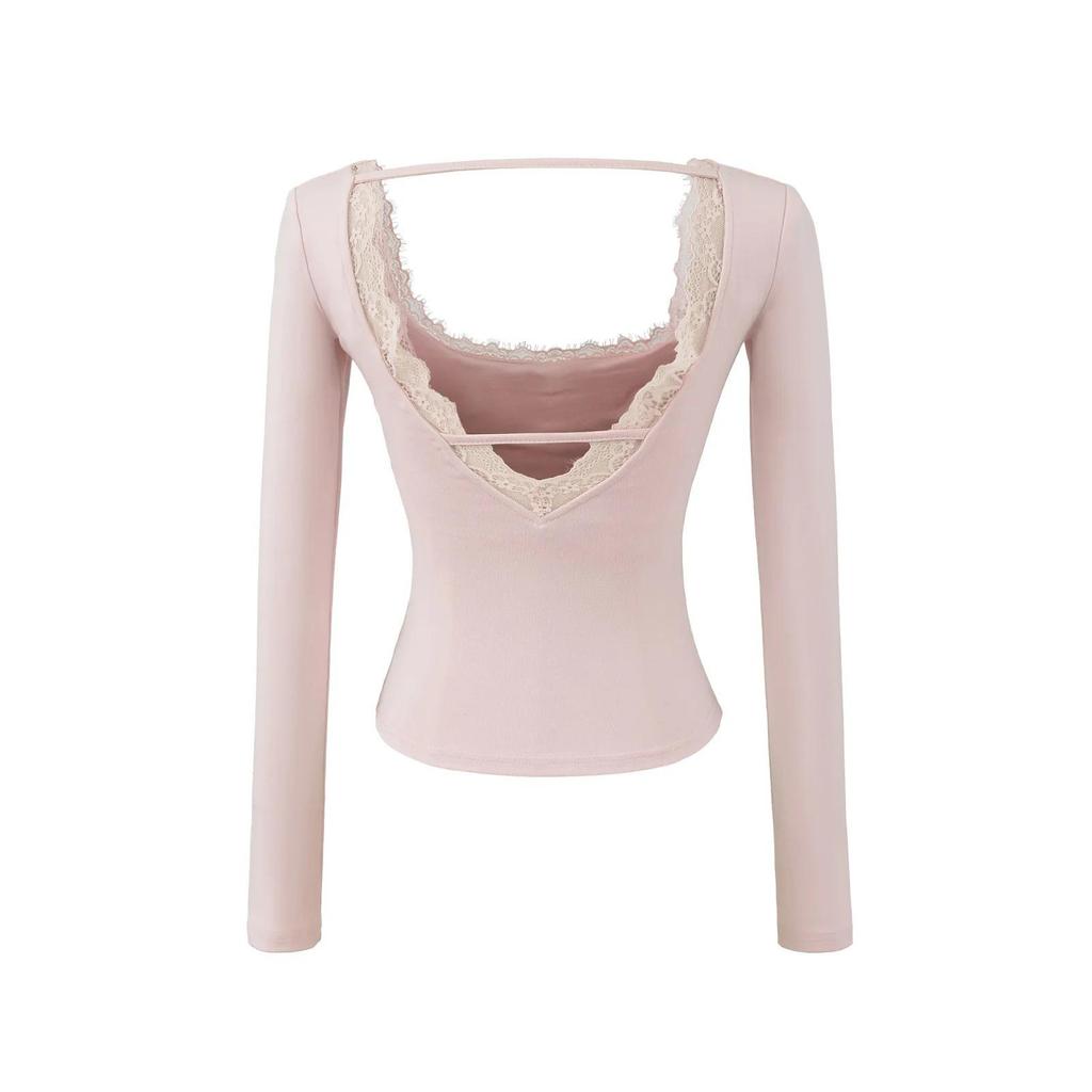 Women's Pure Desire Lace Trim Long Sleeve Slim Fit Top with Chest Pads - Ideal for Spring and Autumn