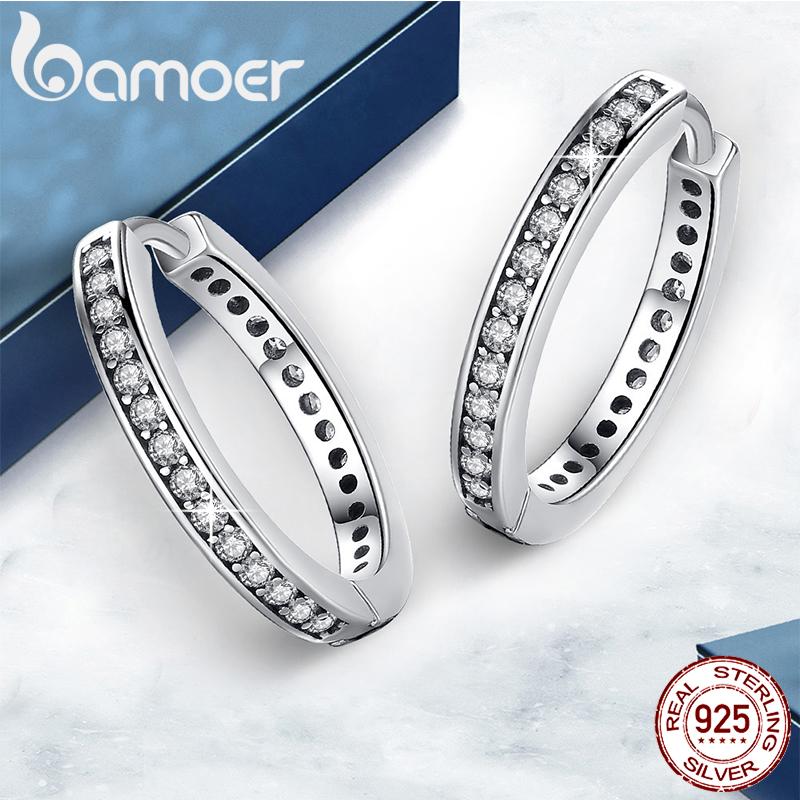 BAMOER 925 Sterling Silver CZ Simple Female Hoop Earrings Jewelry for Women Sterling Silver Jewelry PAS456