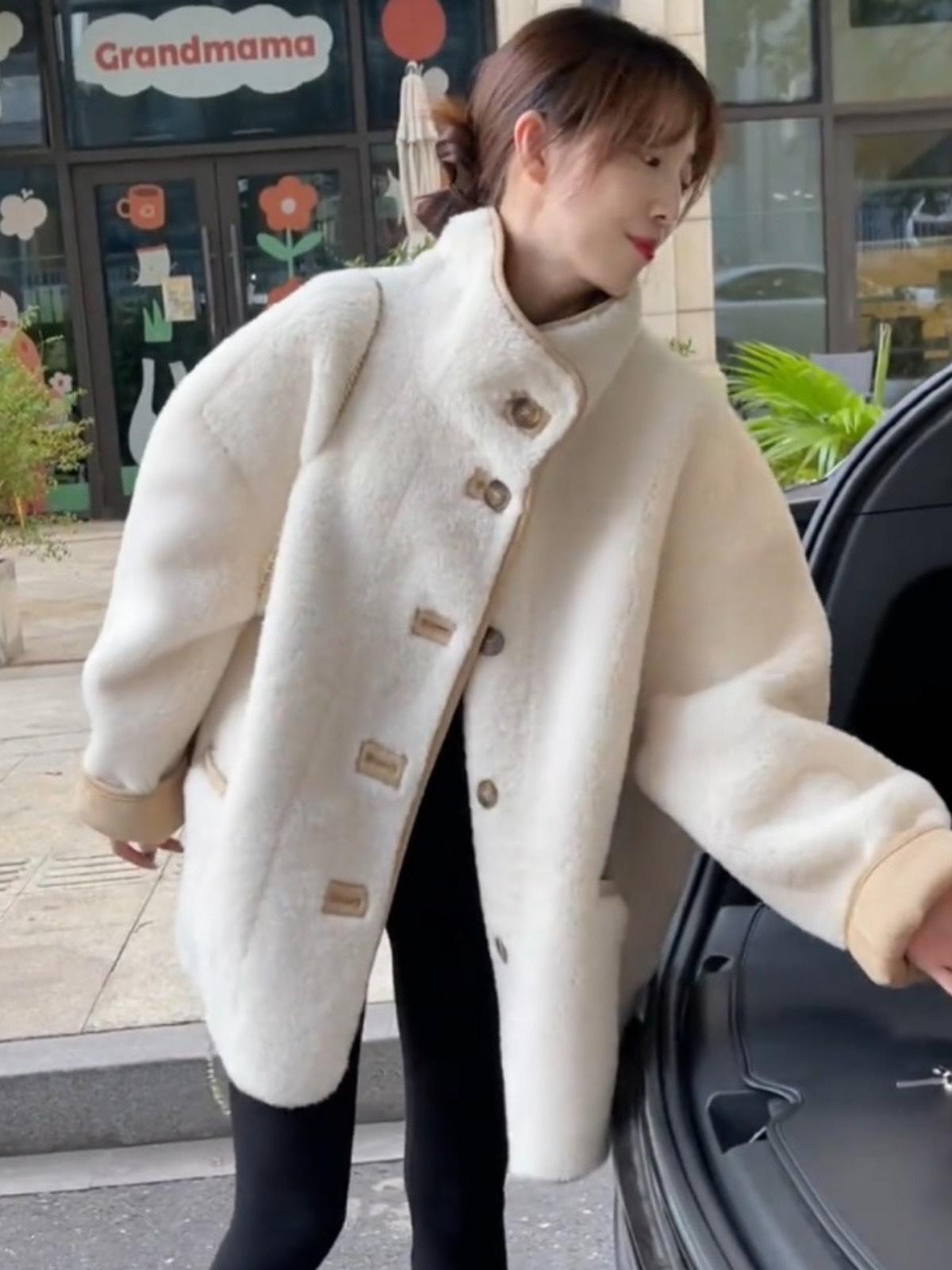 

Куртка из овчины с мехом и воротником-стойкой, зимняя, 2025, свободная, повседневная, универсальная, теплая, средней длины M