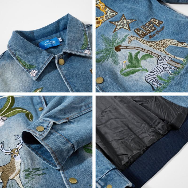 American Vintage Washed Denim Jacket Animal Embroidery Loose Fit Casual Couple Outerwear Teens