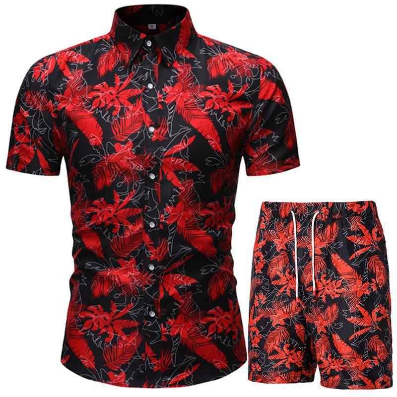 Hawaiian Beach Flower Shirt Short Sleeve Men's Large Size Shirt Shorts Printed Two-piece Suit