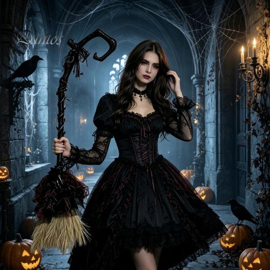 Party Atmosphere Decoration Halloween Witch Broom, Black Tulle Cosplay Costume, Gothic Spooky Home Decor Rose Skeleton Hand Broomstick for Party,