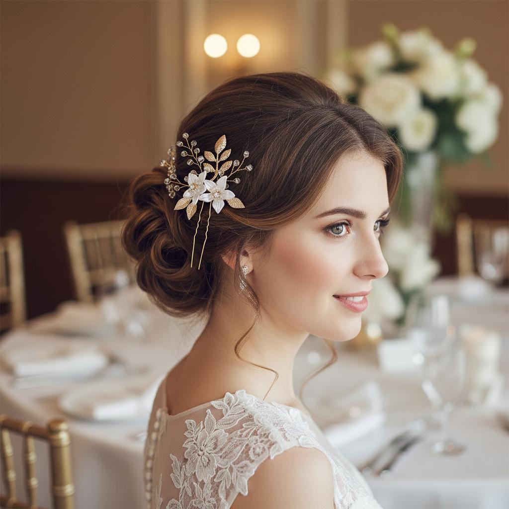 Bridal Wedding Hairpin White Flower Leaf Design Crystal U Pin For Elegant Hairstyles