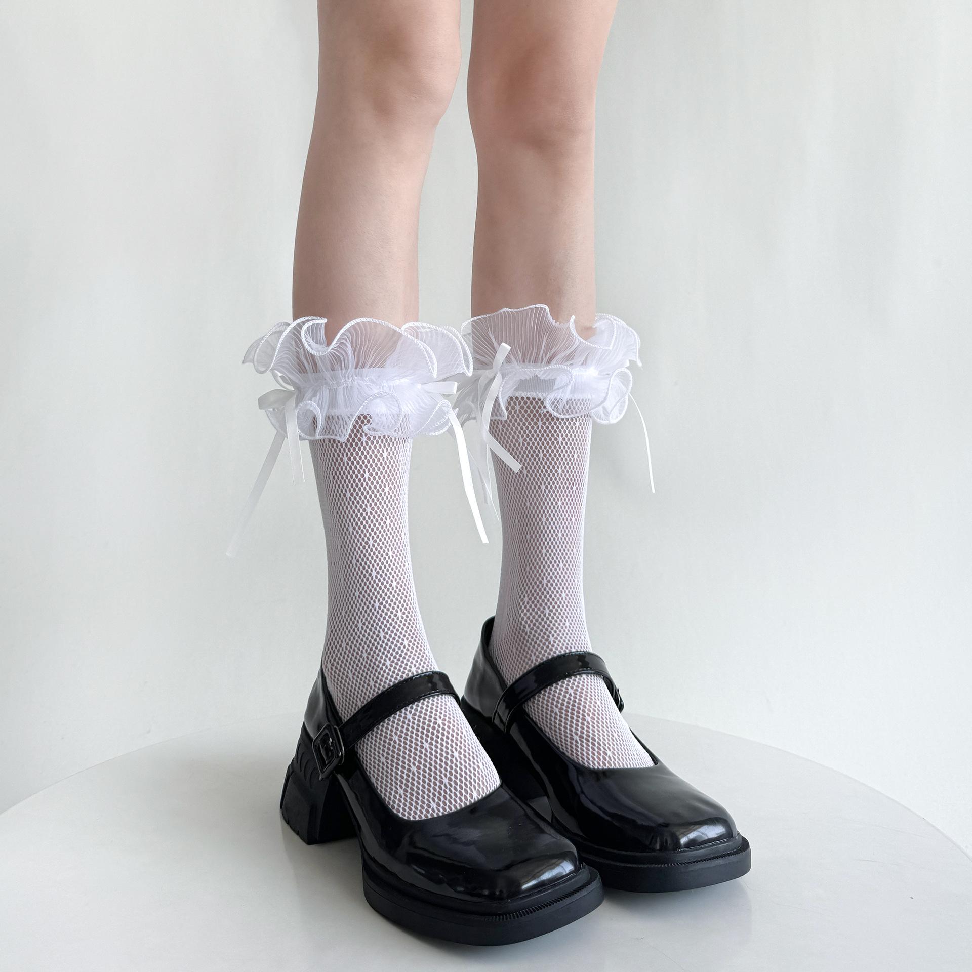 

Кружевные носки в стиле Лолиты с рюшами, женские повязки с бантом JK, милые японские носки принцессы в стиле кавай для девочек, сетчатые кружевные носки в сетку