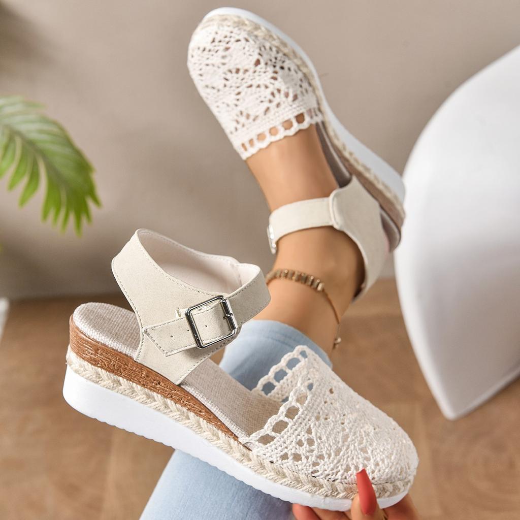 Mode Sandalen Damen Geflochtene Espadrille Knoten Knopf Knöchelriemen Keilsandalen Leinen Keil Sommer 6cm Absatz Plateau Espadrilles Schuhe