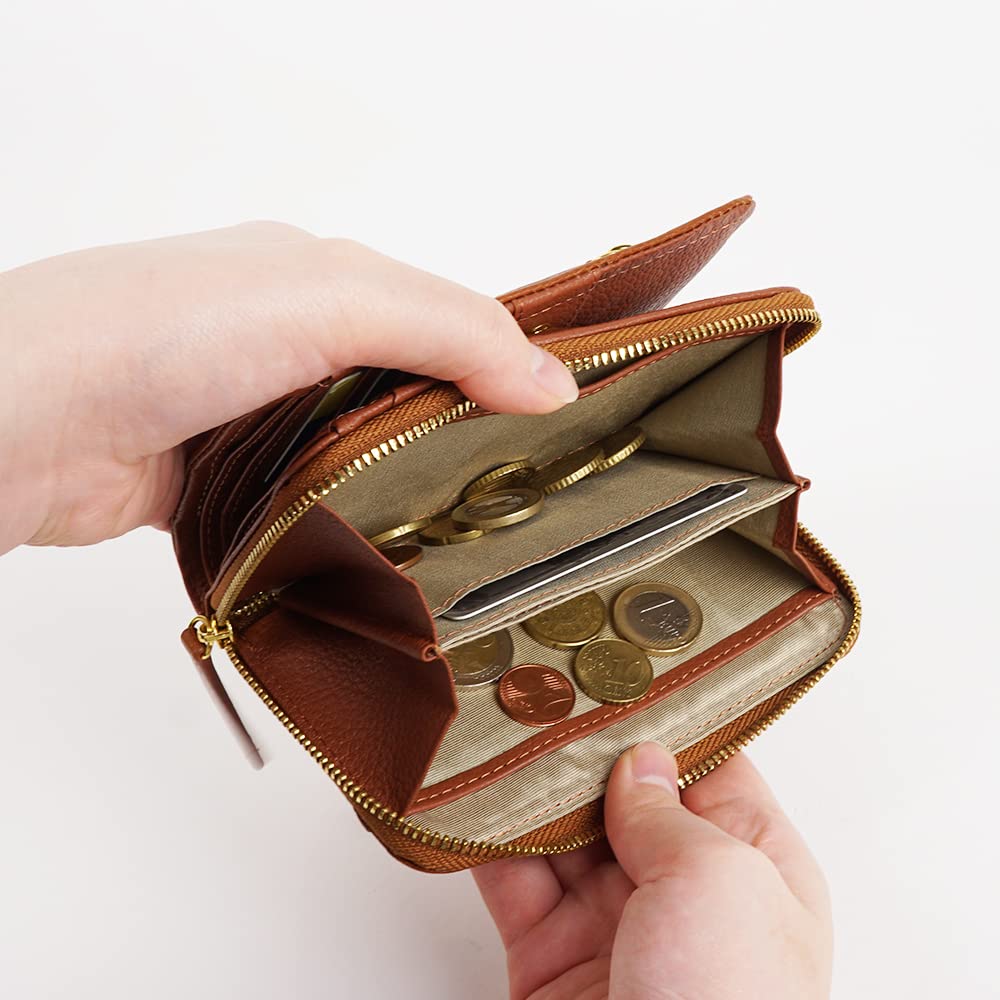 Les.conni Women's Genuine Leather Bifold Wallet with Zip-Around Design, Cowhide Leather, Camel