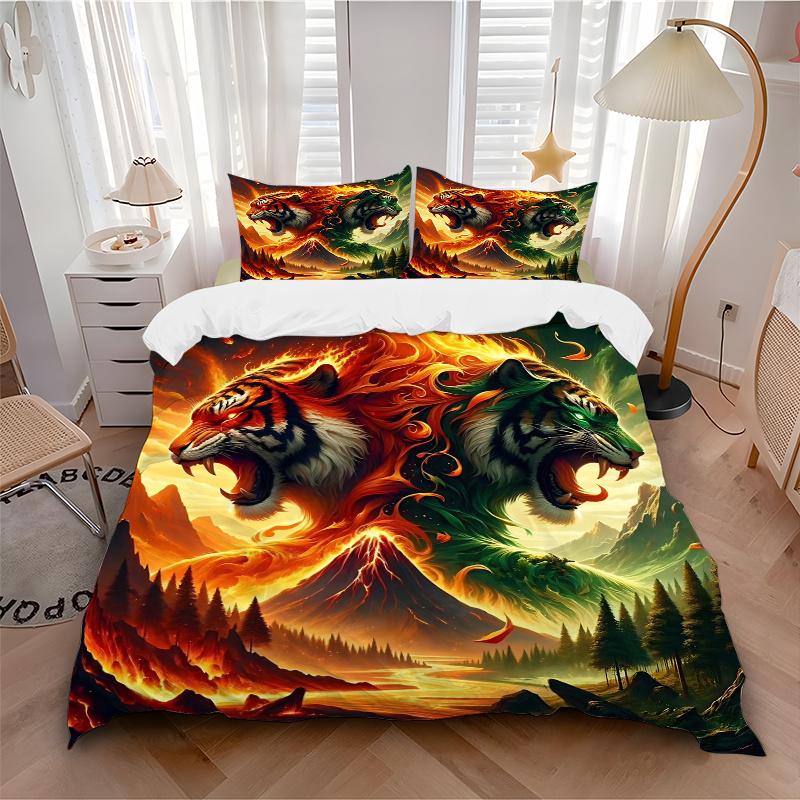 3pcs Flaming and Verdant Tiger Printed Duvet Cover Set (1 * Cover+2 * Pillowcase, Without Core), Suitable for Home Bedroom,