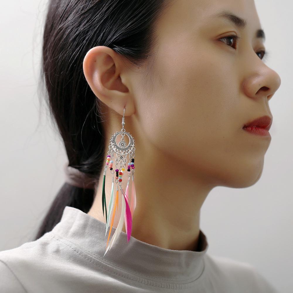 Retro Ethnic Style Hollow Out Carving Colors Beads Feather Tassel Earrings