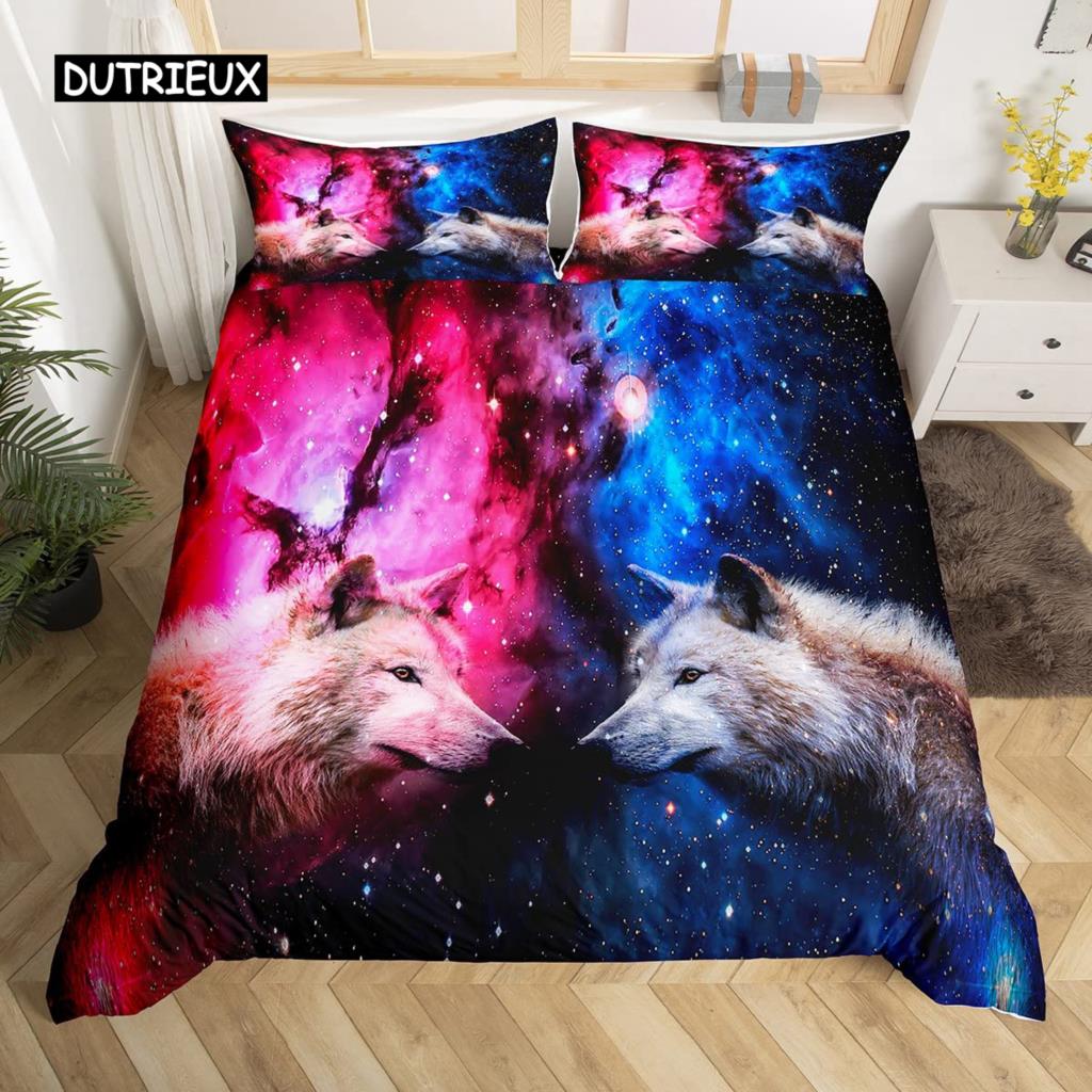 Set Copripiumino Matrimoniale per Bambini Adolescenti Microfibra Tema Animale Motivo Lupo delle Nevi Copripiumino Set Letto Stampato Animali Selvatici