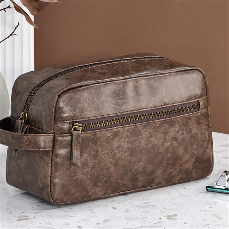 Men PU Leather Wash Bag Travel Business Trips Portable Cosmetic Bag Large Capacity Multi Pocket Design Handheld business trip Wash Bag