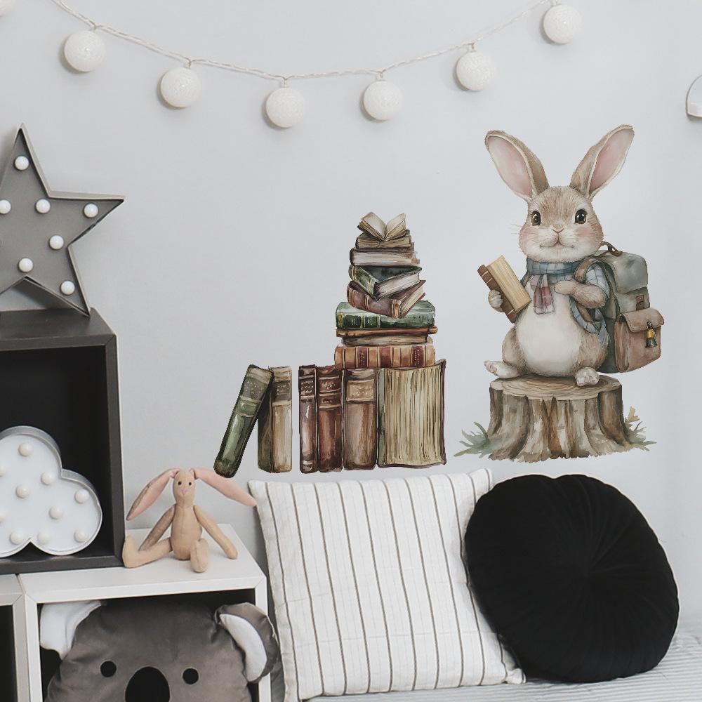 Cute Bunny Reading Wall Stickers Cartoon Watercolor Style, Educational Wall Art for Kids Room, Study Room and Living Room Decor