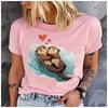 Women's Polyester 100% Holding Hands with an Otter Print T-shirt Loose Round Neck Casual Short Sleeve Fashion Top  Clothing Summer