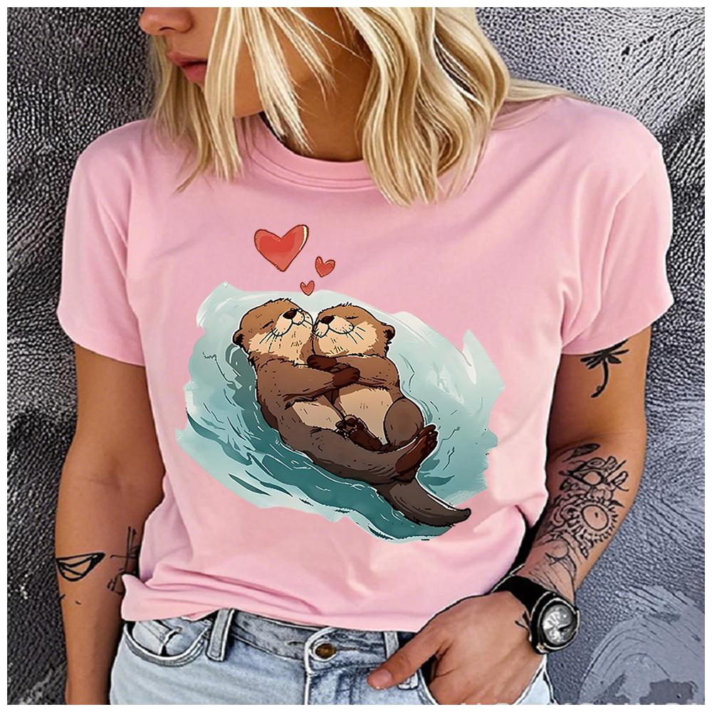 Women's Polyester 100% Holding Hands with an Otter Print T-shirt Loose Round Neck Casual Short Sleeve Fashion Top  Clothing Summer