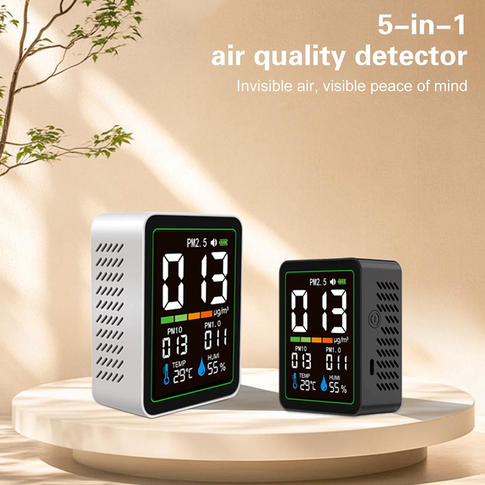 5-in-1 Air Quality Monitor Temperature and Humidity Monitor PM2.5, PM1.0, PM10 Infrared Dust Air Quality Monitor Type-C Port