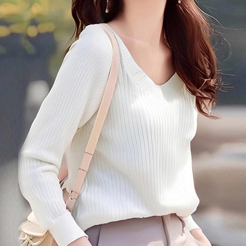 Women Sweaters Pullovers 2025 Autumn Winter Long Sleeve V-Neck Black White Knitted Sweater Women Tops Pullover JJ64