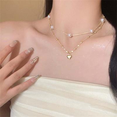 Mode Niedlich Liebe Herzförmige Anhänger Halskette Für Frauen Elegante Imitation Perle Halsband Doppel Schicht Schlüsselbein Kette Schmuck
