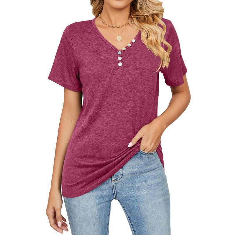 Summer Women's T-Shirt Solid Colour Button Loose V-Neck Short Sleeve Top