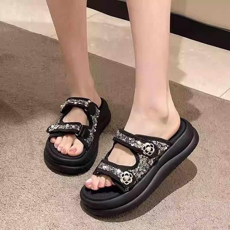 Summer new sequined Velcro style sandals women's platform casual fashion cool slippers