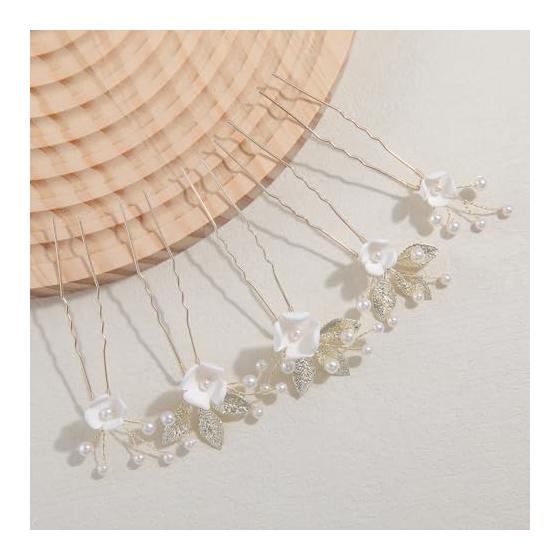 Hair Accessories Set of 5 U-Pin Hairpins with Flower, Leaf, and Pearl Motifs, Headpiece for Weddings, Parties, Receptions, Graduations, Performances,