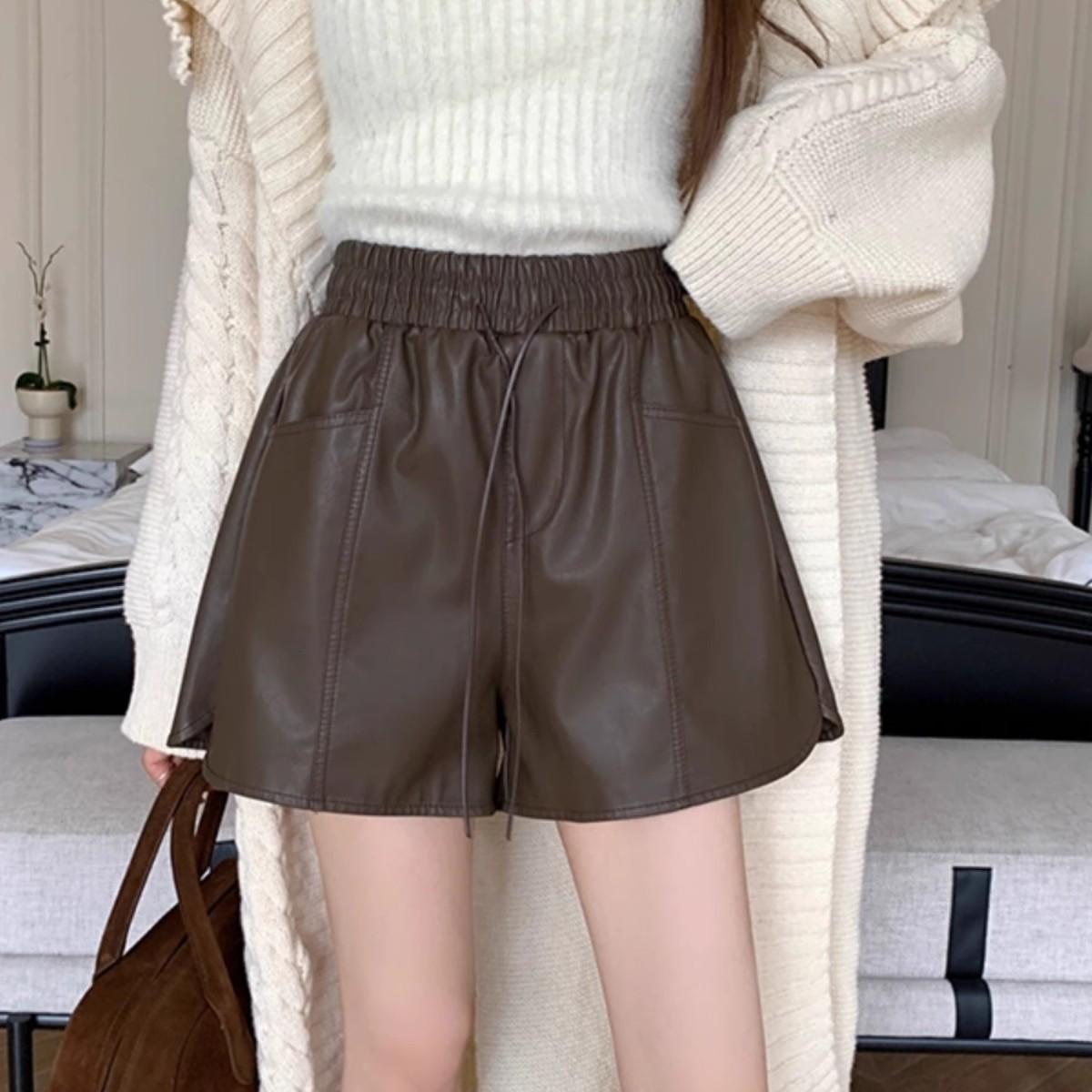 

Women s PU Leather High-Waist Slimming Wide-Leg Shorts - Autumn/Winter 2024 4XL