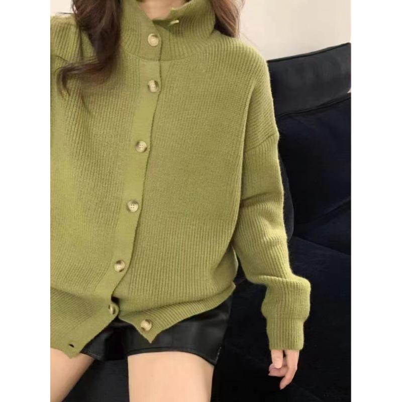 

New lazy style solid color knitted sweater jacket women s stand-up collar single-breasted design loose cardigan sweater One size жовто-зелений
