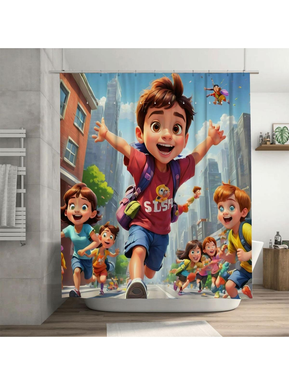 Счастливые Дети Бегут Шторка для Душа | Веселый и Цветной Декор для Ванной 90X180cm