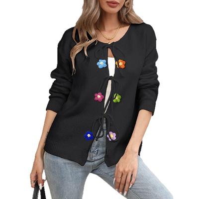Women's Woven Jacket Autumn and Winter New Straps Bow Hand Crochet Splicing Sweater Cardigan