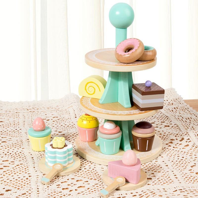 Children's Play House, Three-tier Dessert Rack, Cake Tower, Simulated Kitchen Tableware, Cutting Scene, Afternoon Tea, Wooden Toys