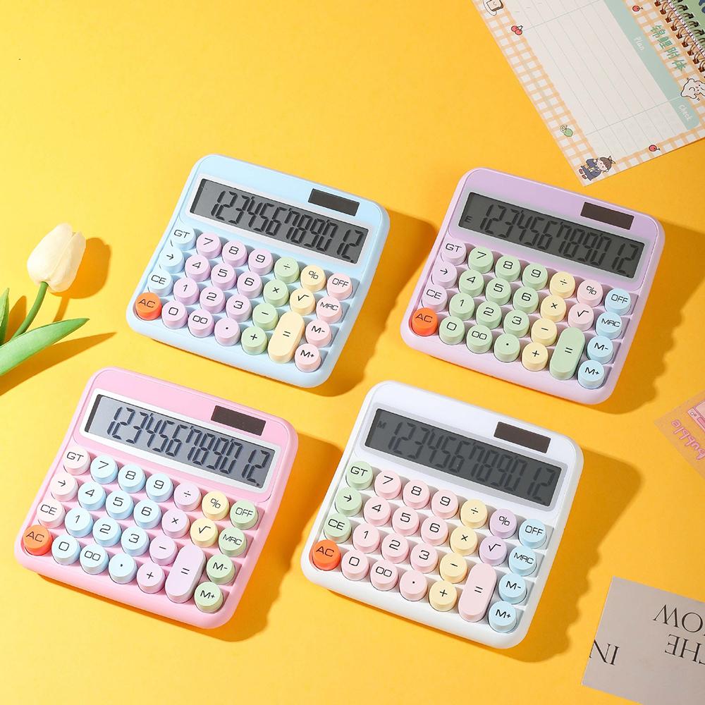Mechanical Calculator 12 Digit Large LCD Display Big Round Button 15 degrees Tilt Screen Cute Candy Colored Dual Power