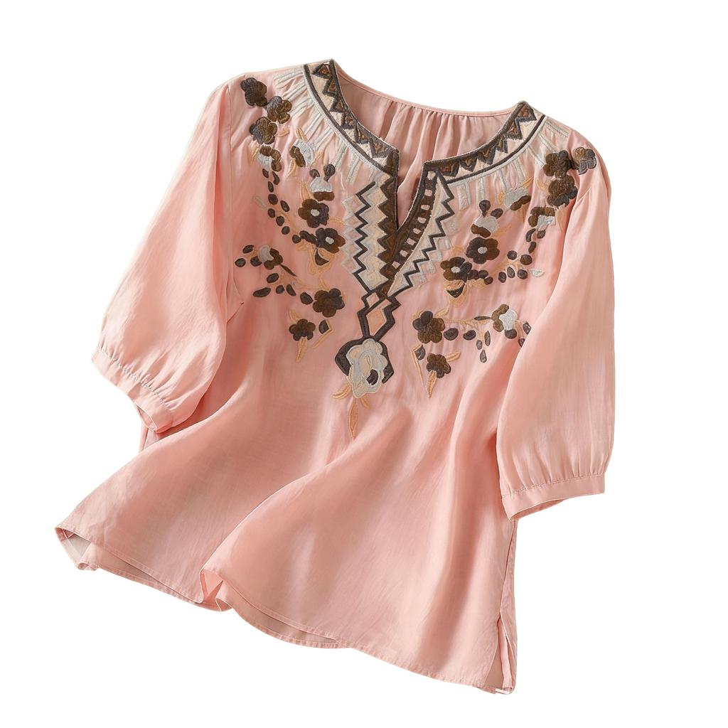 Damen Retro Besticktes Baumwoll-Leinen Stilvolles Lässiges Hemd Top