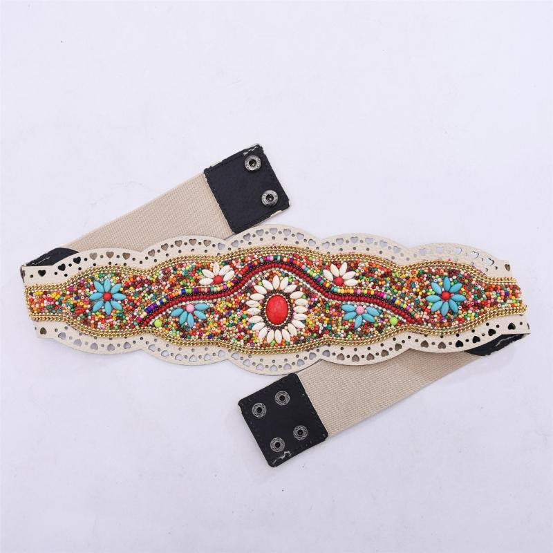 Bohemian Stretch Waist Belt Waistband with Ethnic Beads Accent Adjustable Wide Cinching Band for Dresses and Skirts