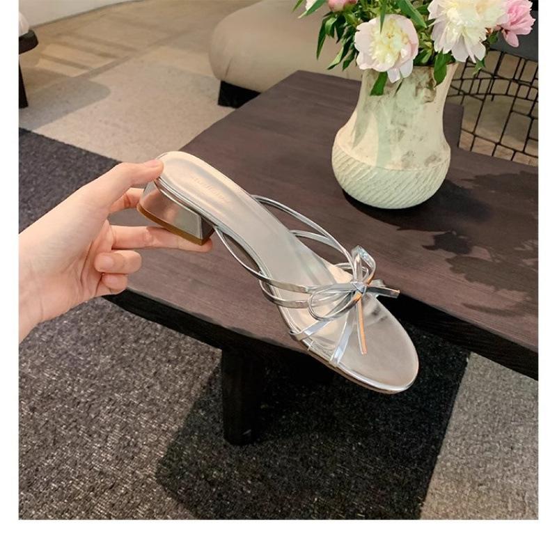 

Туфли Сладкий бант Универсальный Грубый каблук С открытым носком Крутые шлепанцы Женские 40 серебряный