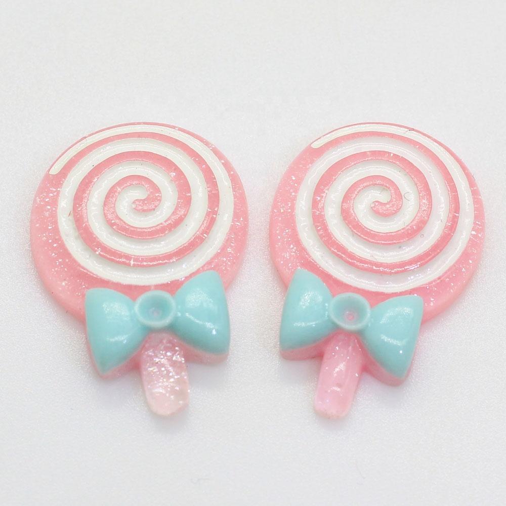 Mixed Color 100PCS Glitter Lolly With Bow Resin Lollipop Candy Scrapbook DIY Kawaii Cabochon