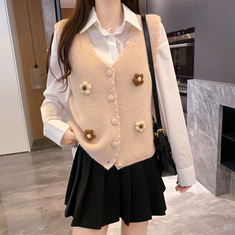 

Vintage Solid Color V-neck Vest Cardigan Women s Unique Small Floral Short Knitted Gilet Vest for Spring and Autumn S абрикосовий