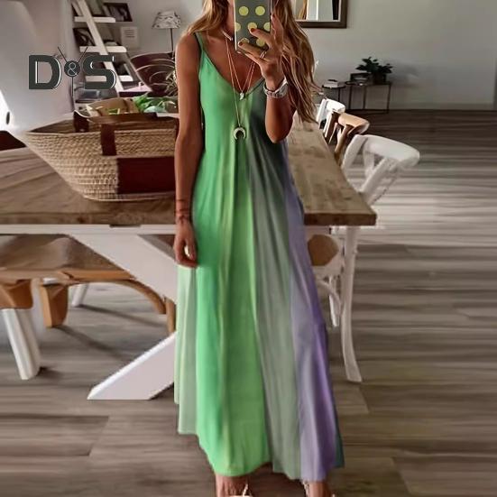 Women's Spaghetti Strap Gradient Long Dresses Summer Casual V Neck Flowy Maxi Dress Loose Beach Sundress