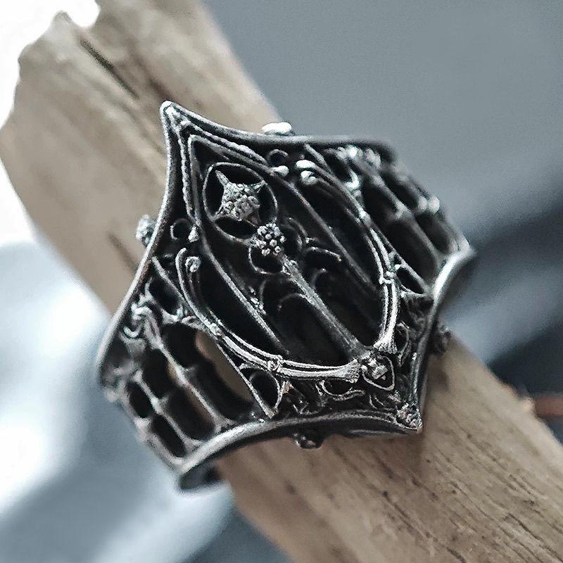 Vintage Gothic Style Ring with Intricate Architectural Design Engraved Pattern Adjustable Band for Men and Women