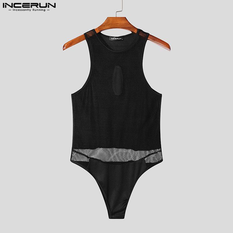 INCERUN Men Sleeveless See Through Hollow Bodysuits Mesh Patchwork Skinny Jumpsuits