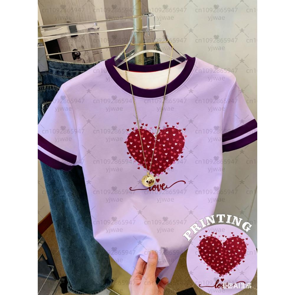 26 Womens Short Sleeve Valentines Day LOVE Red Heart Print T-Shirt Girl Round Neck Tee Outdoor Sports Adult Women's T-Shirt