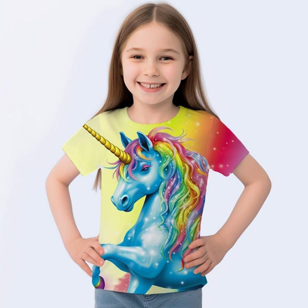 Children's Cute Animal 3D Digital Printed Girl Fashion Casual Round Neck Short Sleeved T-shirt
