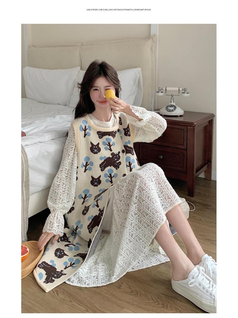 2025 Trendy French Printed Vest & Hollow Long Skirt Set: Sweet, Gentle Two-Piece Dress Suit
