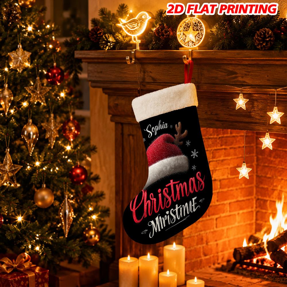 Christmas Decoration Fireplace Hanging Stocking1pc 2D Flat Christmas Hat Reindeer Snowflakes Pattern Christmas