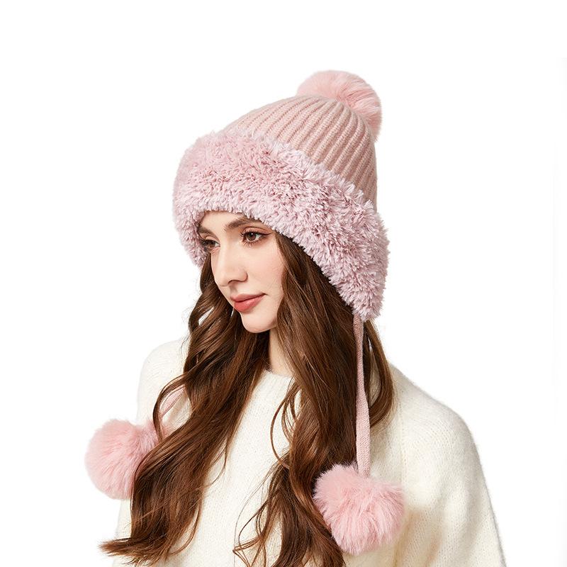 Outdoor Velvet Warm Wool Hat Women's Winter Plush Edge Ear Protection Wool Ball Knitted Hat