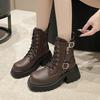 Fashion Cool British Style Lace-up Boots for Women Autumn New Style Thick Heel Thick Sole Belt Buckle Front Lace Up Leather Short Boots