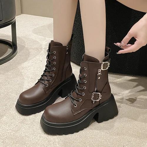 Fashion Cool British Style Lace-up Boots for Women Autumn New Style Thick Heel Thick Sole Belt Buckle Front Lace Up Leather Short Boots
