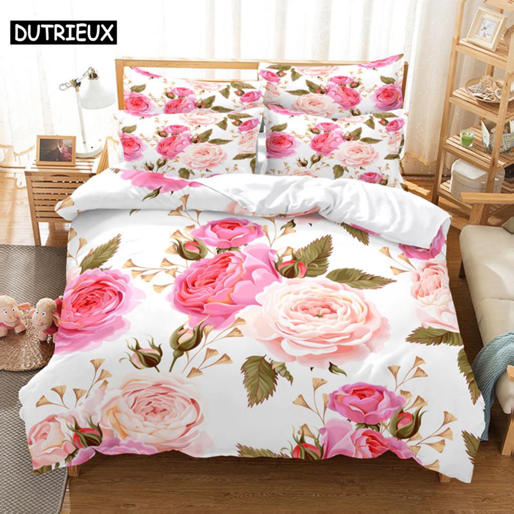 Comforter Pink Rose Bedding Set Linens Quilt Comforter 3D Pillow Case Double Full King Queen Twin Single 3Pcs 2Pcs Home Texile