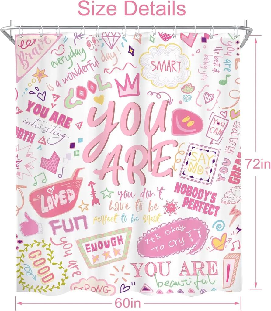 Kids Positive Quotes Shower Curtain Pink Neon Cute Funny Abstract Graffiti Girls Girly Teens You are Artwork Cloth  Waterproof