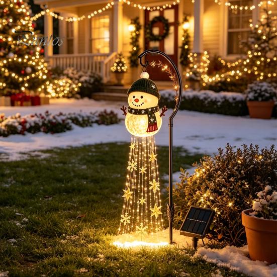 Einfach zu installierende Rasenwegpfähle Solarbetriebene Weihnachts-Gartenleuchte, Metallpfahl für den Außenbereich Festliche Szenendekoration Stern Schneeflocke Wasserfall Lichterkette