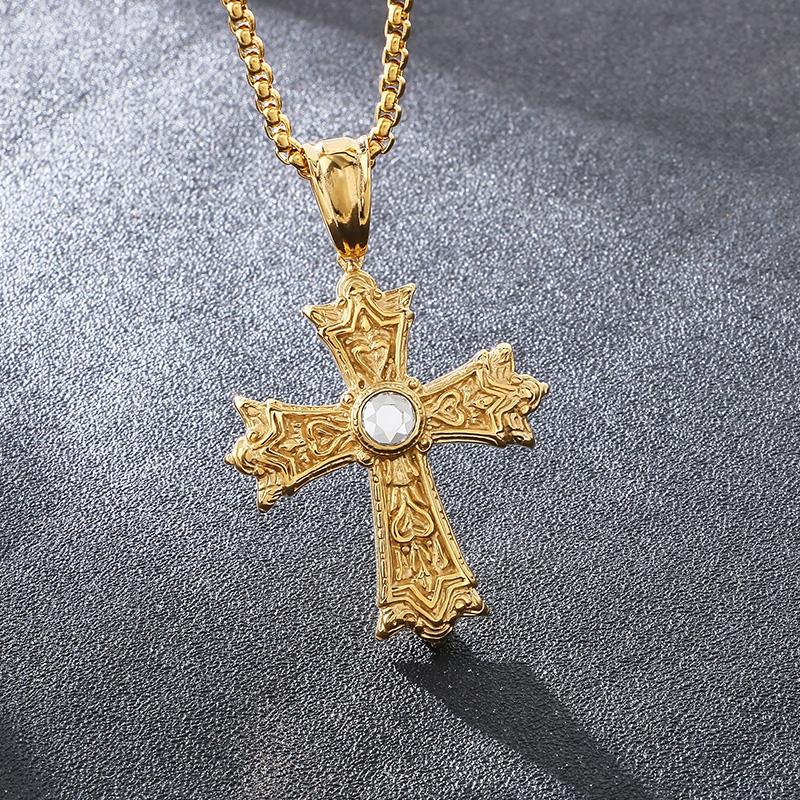 Hip Hop Rhinestone Cross Pendant Necklace for Men Vintage Stainless Steel Jewelry Gold Color O Chain Accessory Trendy Charm Gift